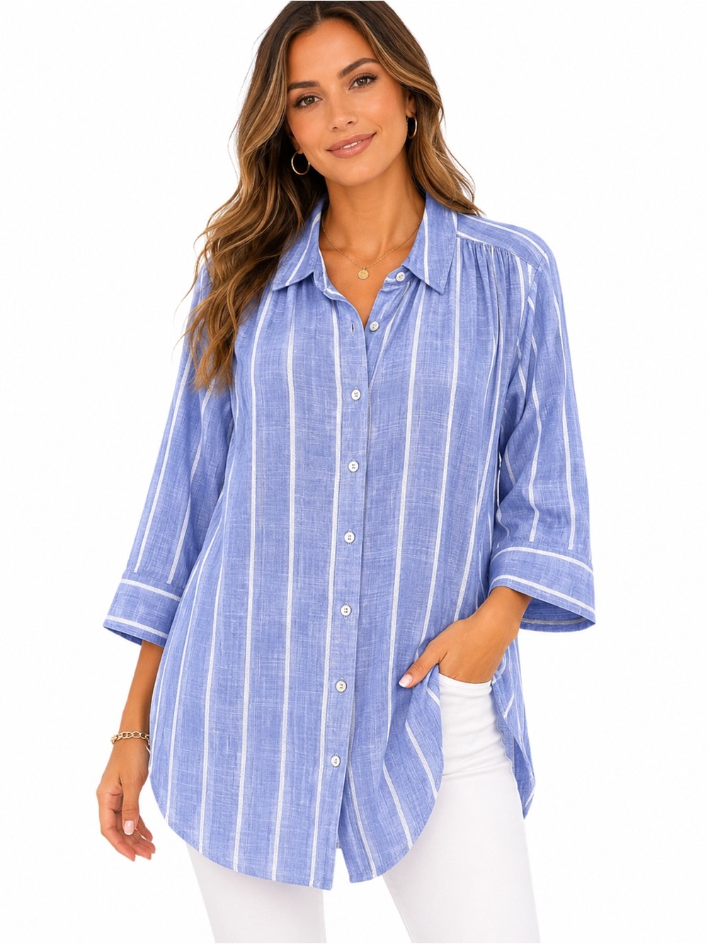 Westbound Blue and White Striped Casual Button-Down Tunic